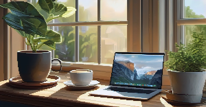 A cozy workspace with a wooden desk, laptop, coffee cup, and notebook, illuminated by sunlight.
