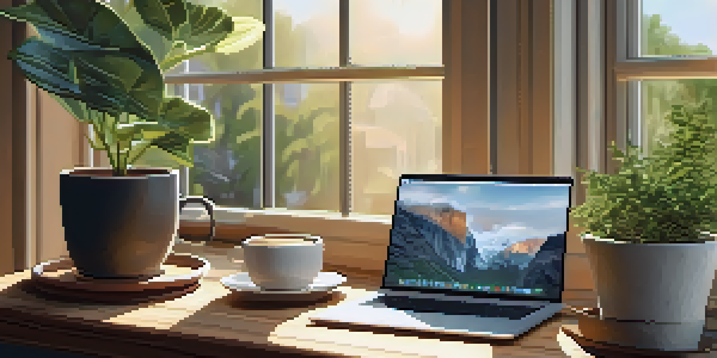 A cozy workspace with a wooden desk, laptop, coffee cup, and notebook, illuminated by sunlight.