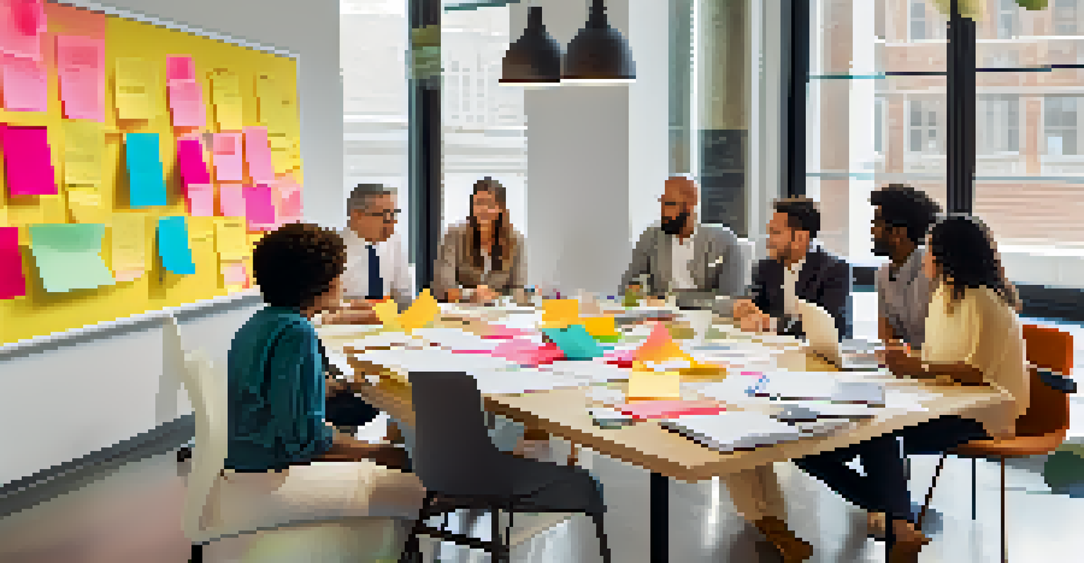A diverse team of professionals collaborating around a table filled with sticky notes and ideas on a whiteboard.
