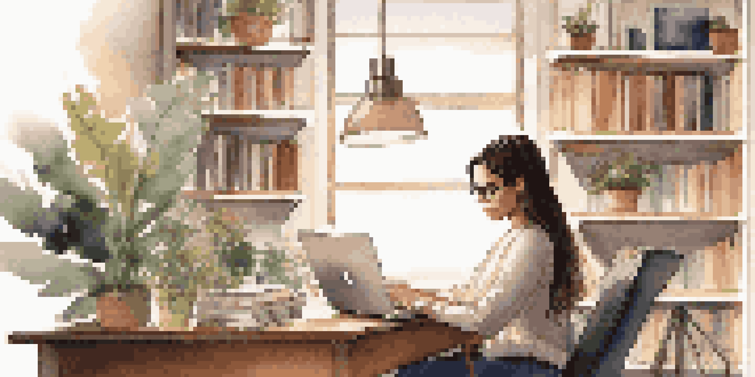 A young professional woman focused on her laptop at a stylish desk with a bookshelf in the background.