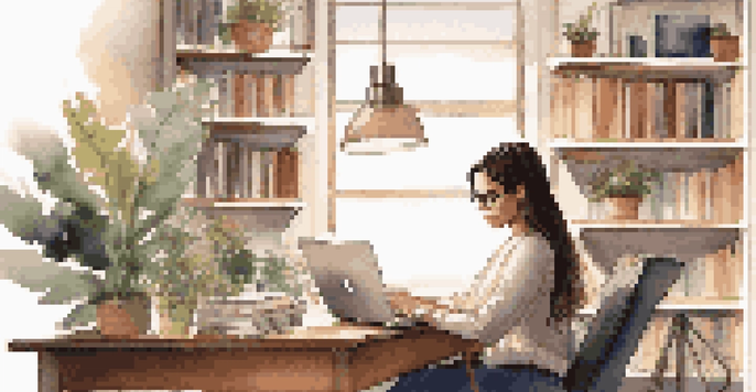 A young professional woman focused on her laptop at a stylish desk with a bookshelf in the background.