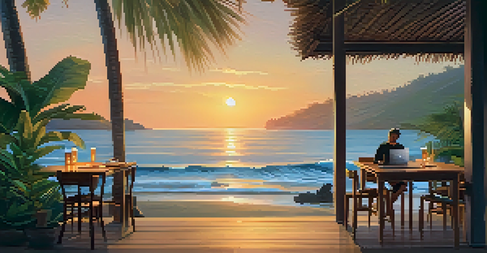 A digital nomad working on a laptop at a beachside café in Bali, surrounded by tropical plants and lanterns during sunset.