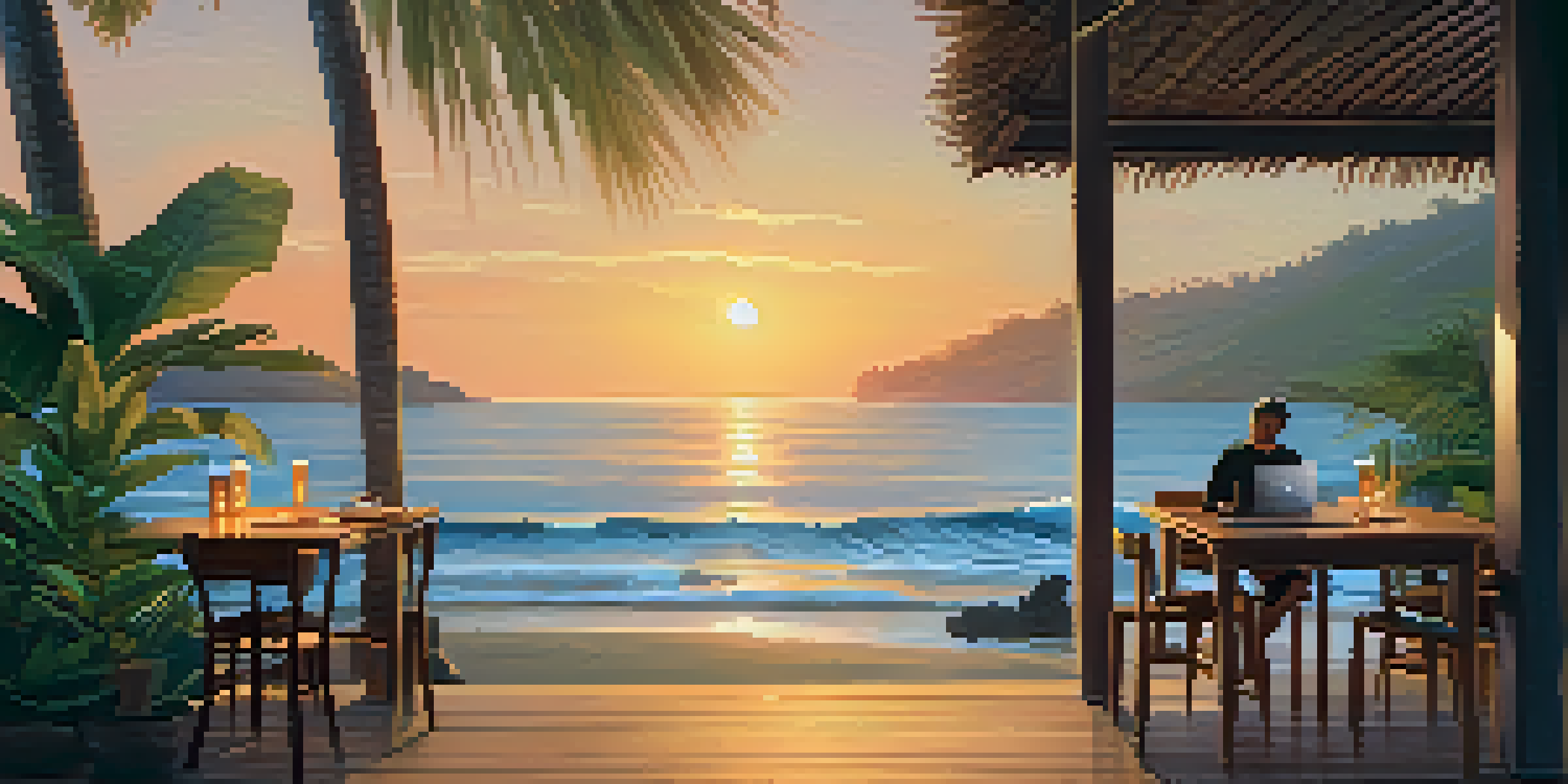 A digital nomad working on a laptop at a beachside café in Bali, surrounded by tropical plants and lanterns during sunset.