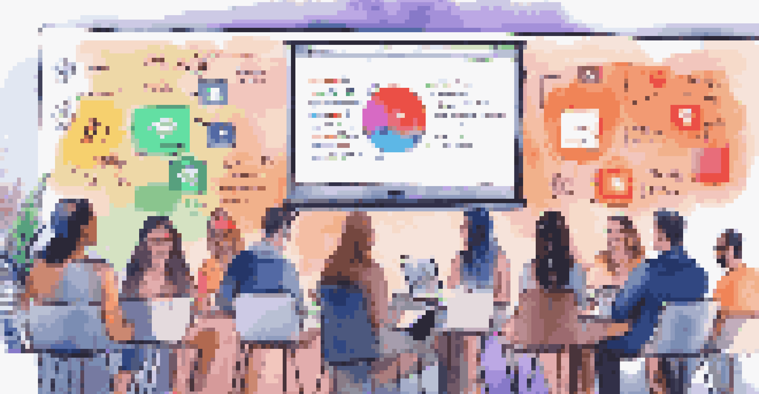 A social media strategy session with a screen showing metrics and marketers taking notes in a modern, colorful room.