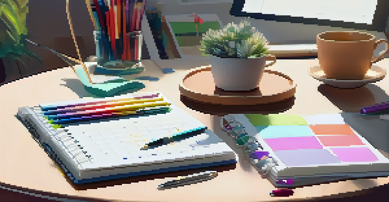 A close-up of an open planner on a desk with pens, sticky notes, and a cup of tea.