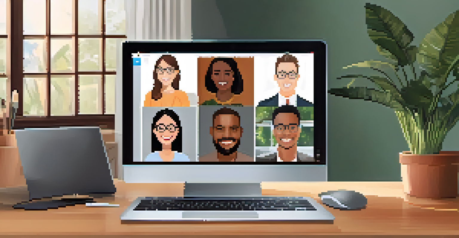 Close-up of a laptop screen showing a virtual meeting with smiling participants from different continents in a cozy home office.