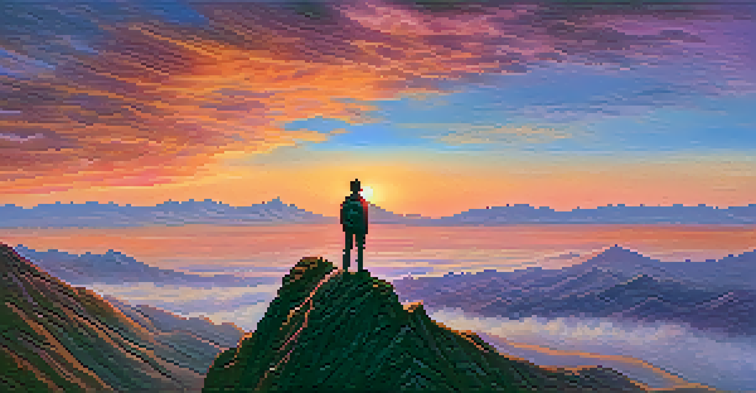 A person silhouetted against a colorful sunset on a mountain peak, symbolizing aspiration and self-discovery.