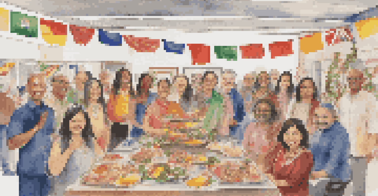 Employees celebrating cultural diversity in a festive workplace setting with flags, traditional attire, and diverse foods.