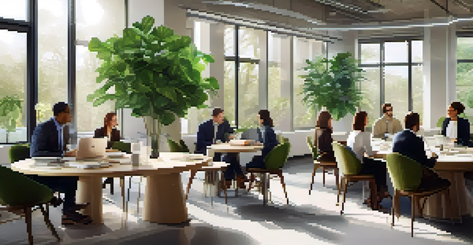 A diverse group of professionals networking in a bright office space with a large round table, laptops, and plants.