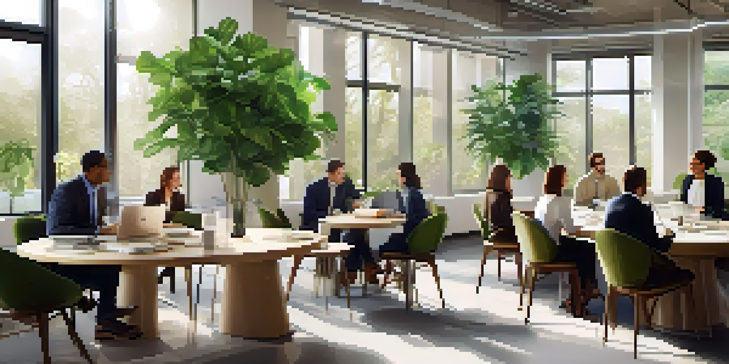 A diverse group of professionals networking in a bright office space with a large round table, laptops, and plants.