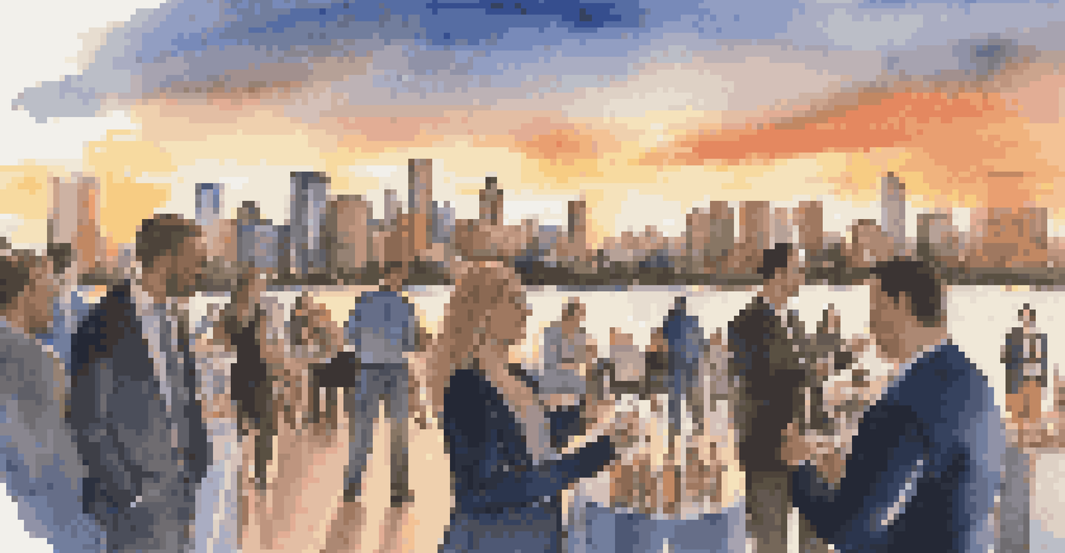 Young professionals networking outdoors at sunset with a city skyline in the background.