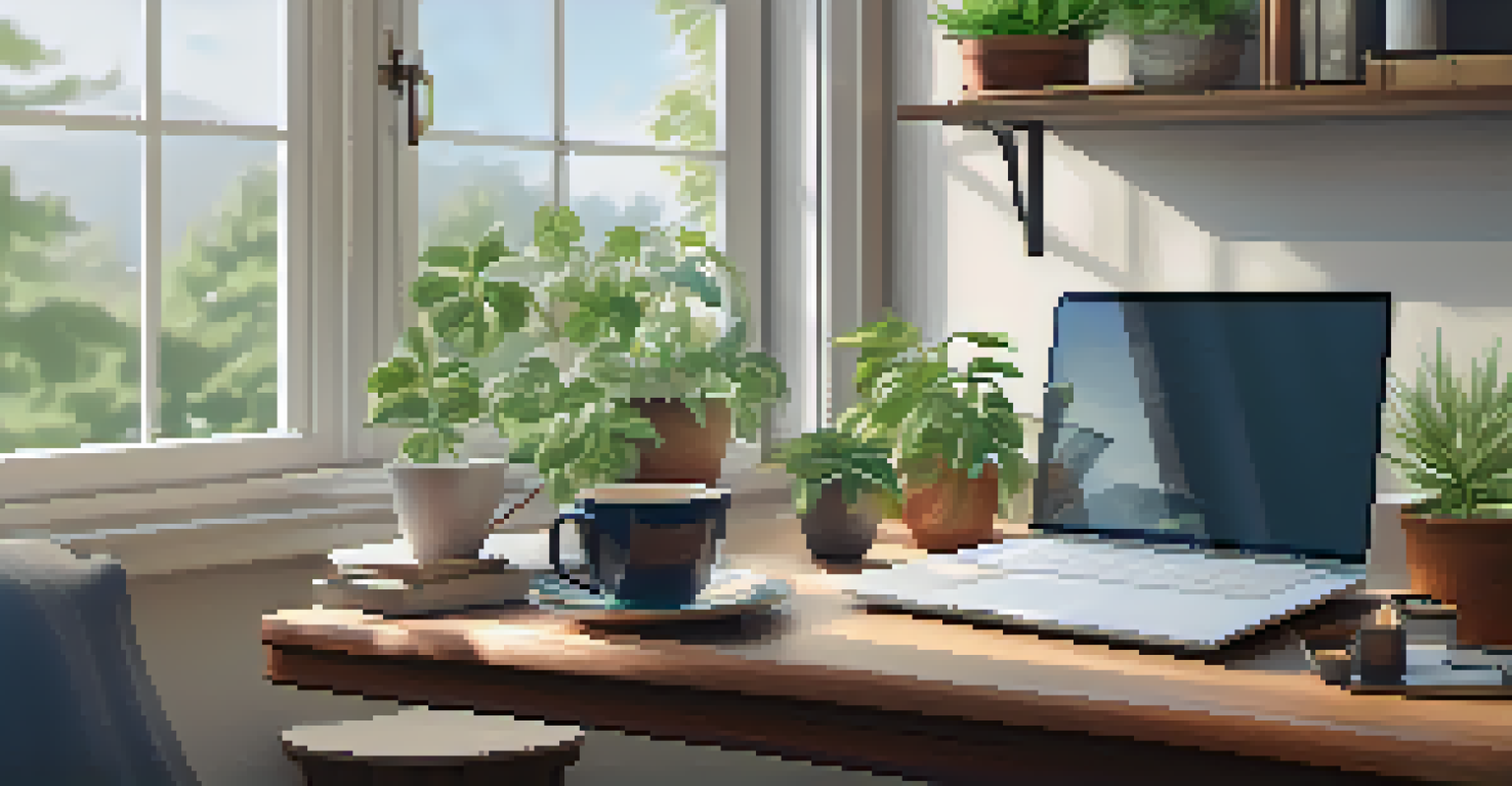 A cozy workspace with a laptop, tea, and a view of nature through the window, emphasizing work-life balance.