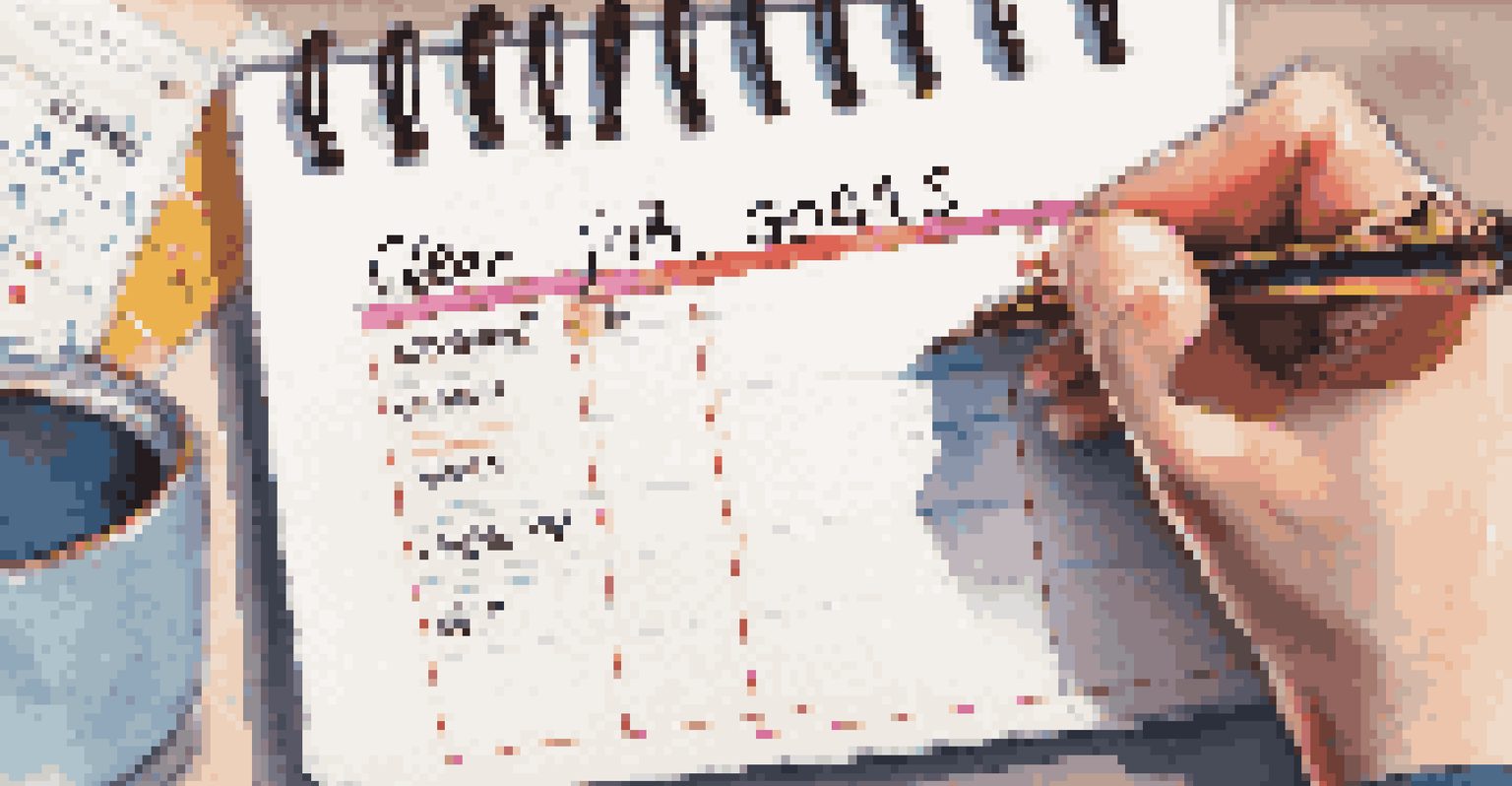 A close-up of a hand writing clear job search goals on a notepad, with a colorful calendar and a laptop in the background.