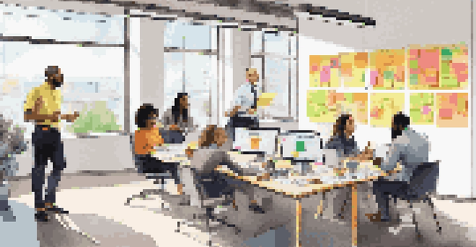 A diverse group of professionals in a bright office collaborating on ideas with colorful sticky notes on the walls.