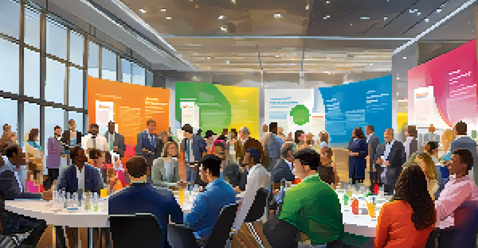 A busy networking event with professionals interacting, exchanging cards, and attending workshops in a modern hall.