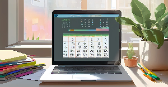 A calm workspace with a laptop showing a digital calendar, colorful office supplies, and natural light streaming in.