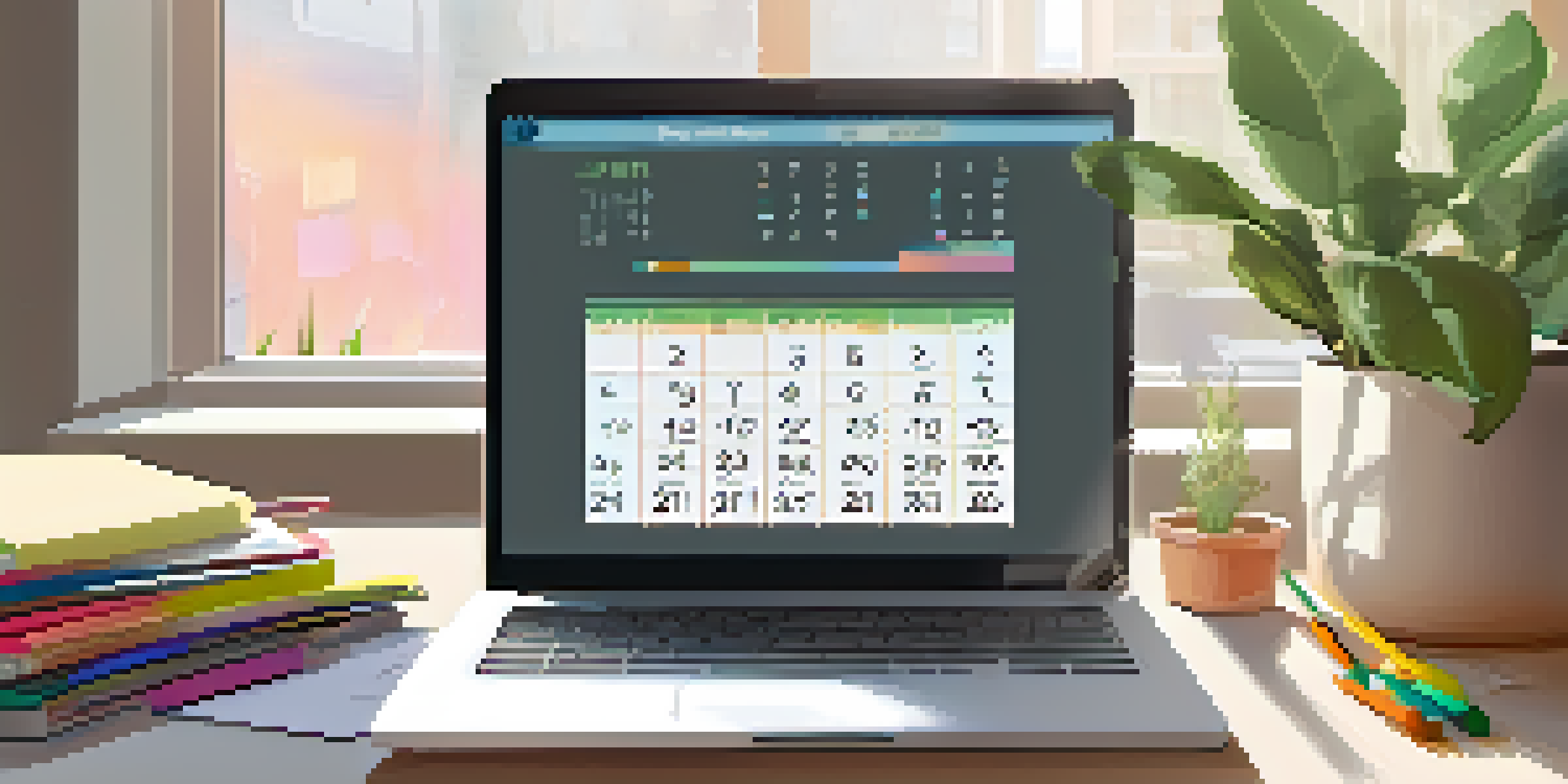 A calm workspace with a laptop showing a digital calendar, colorful office supplies, and natural light streaming in.