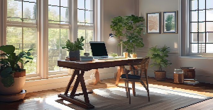 A cozy home office with a wooden desk, laptop, houseplants, and sunlight streaming through the window.