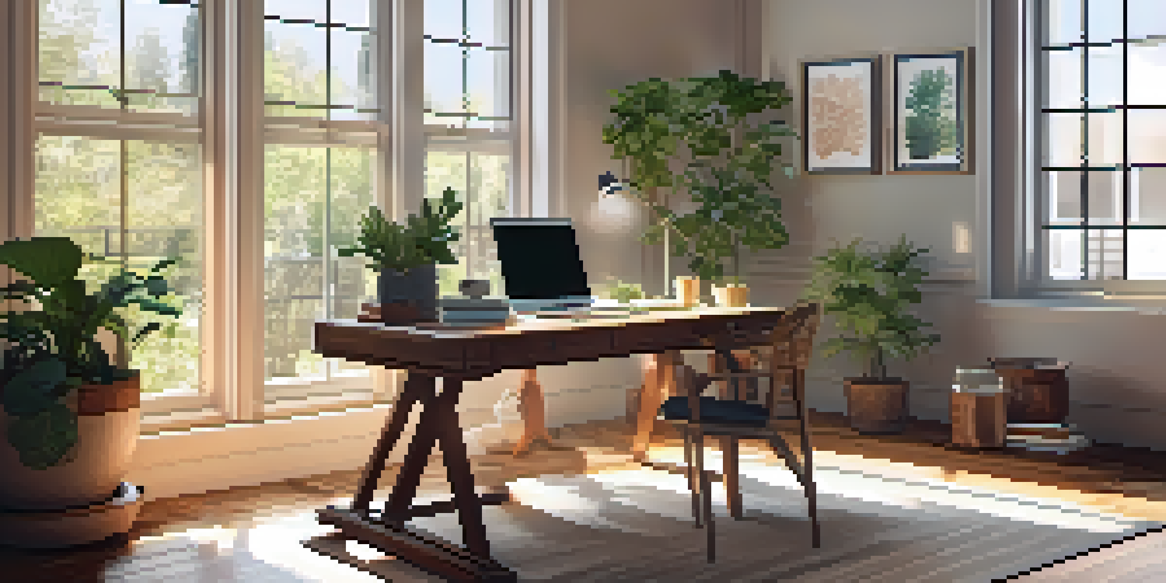 A cozy home office with a wooden desk, laptop, houseplants, and sunlight streaming through the window.