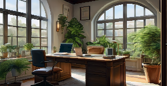 A peaceful office environment featuring a wooden desk with a laptop displaying a job description, plants around, and sunlight coming through a window.