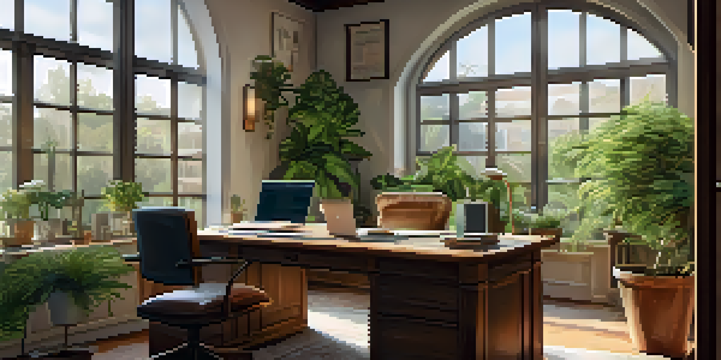 A peaceful office environment featuring a wooden desk with a laptop displaying a job description, plants around, and sunlight coming through a window.