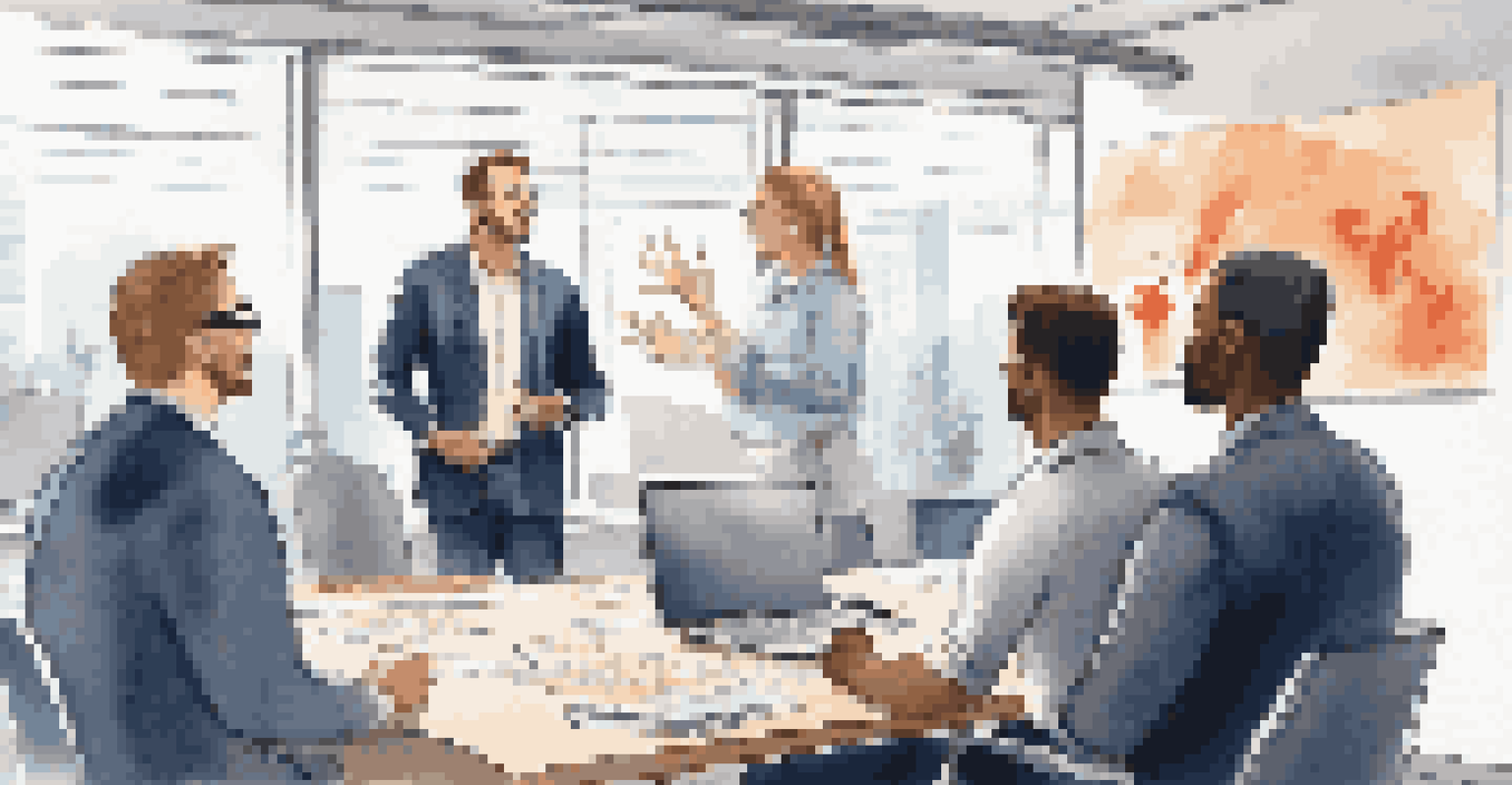 A confident leader engaging a team in discussion in a bright office environment, surrounded by motivational posters, representing leadership and communication.