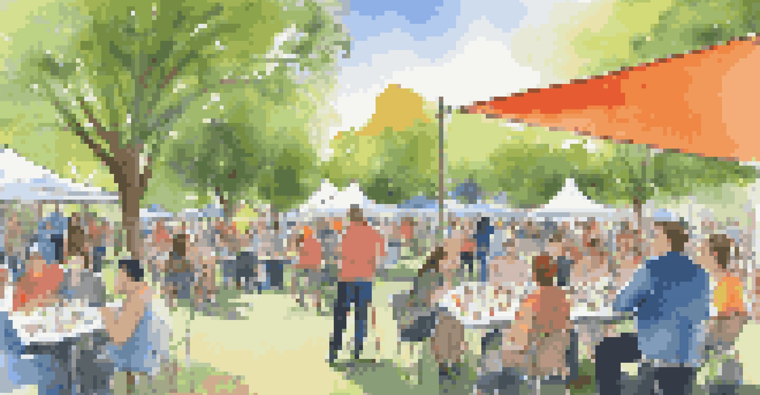 A networking event in a park with diverse gig workers engaging and sharing ideas under a bright sky.