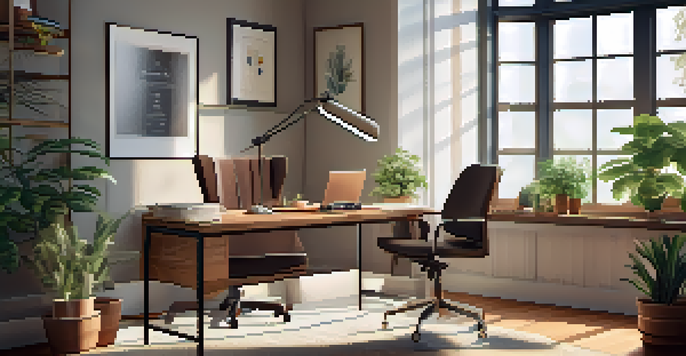 A peaceful office workspace with a wooden desk, laptop, armchair, and potted plant, illuminated by soft morning light.