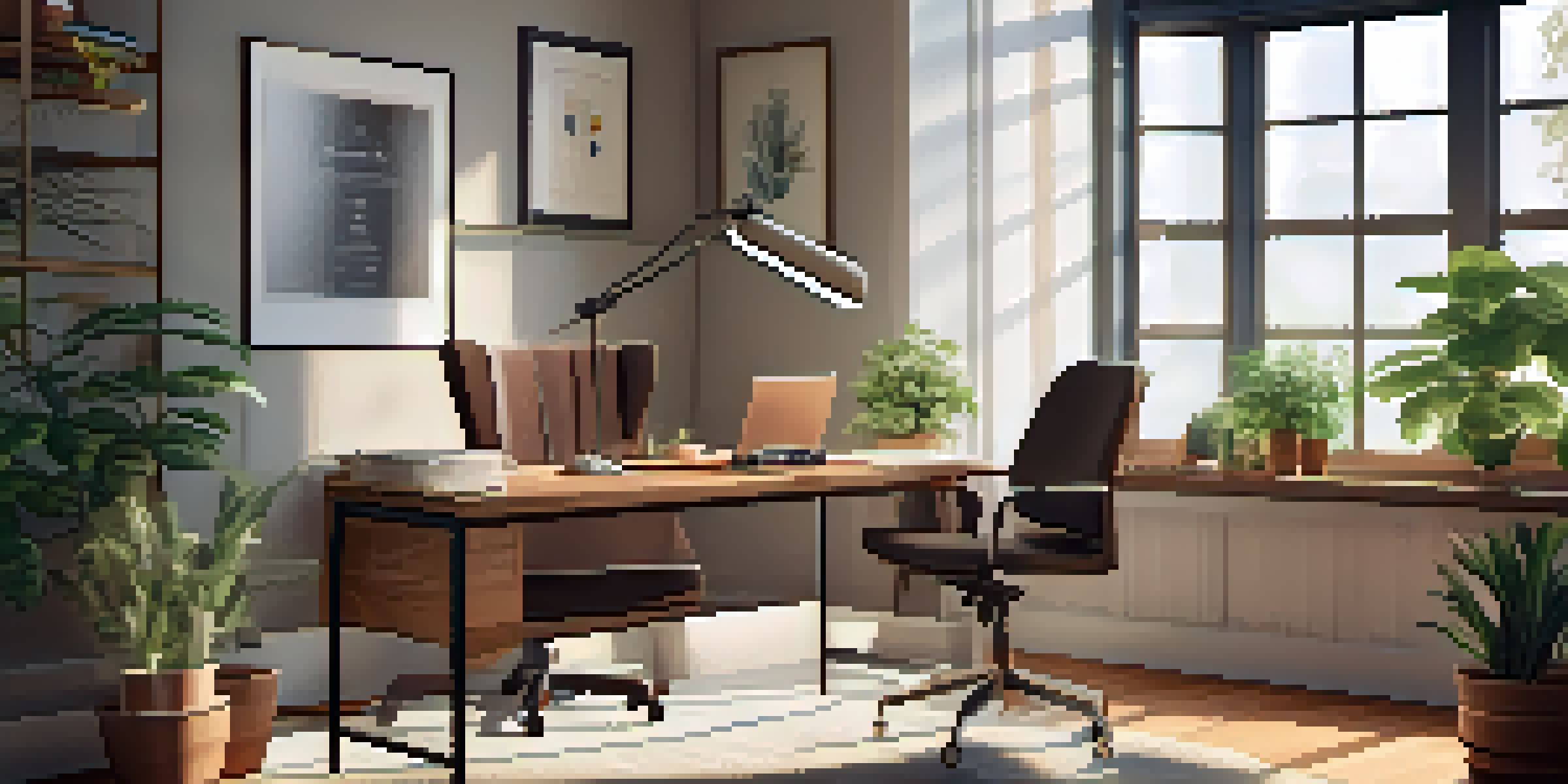 A peaceful office workspace with a wooden desk, laptop, armchair, and potted plant, illuminated by soft morning light.