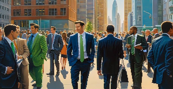 A diverse group of professionals in business attire networking in a busy urban setting with a modern skyline in the background.
