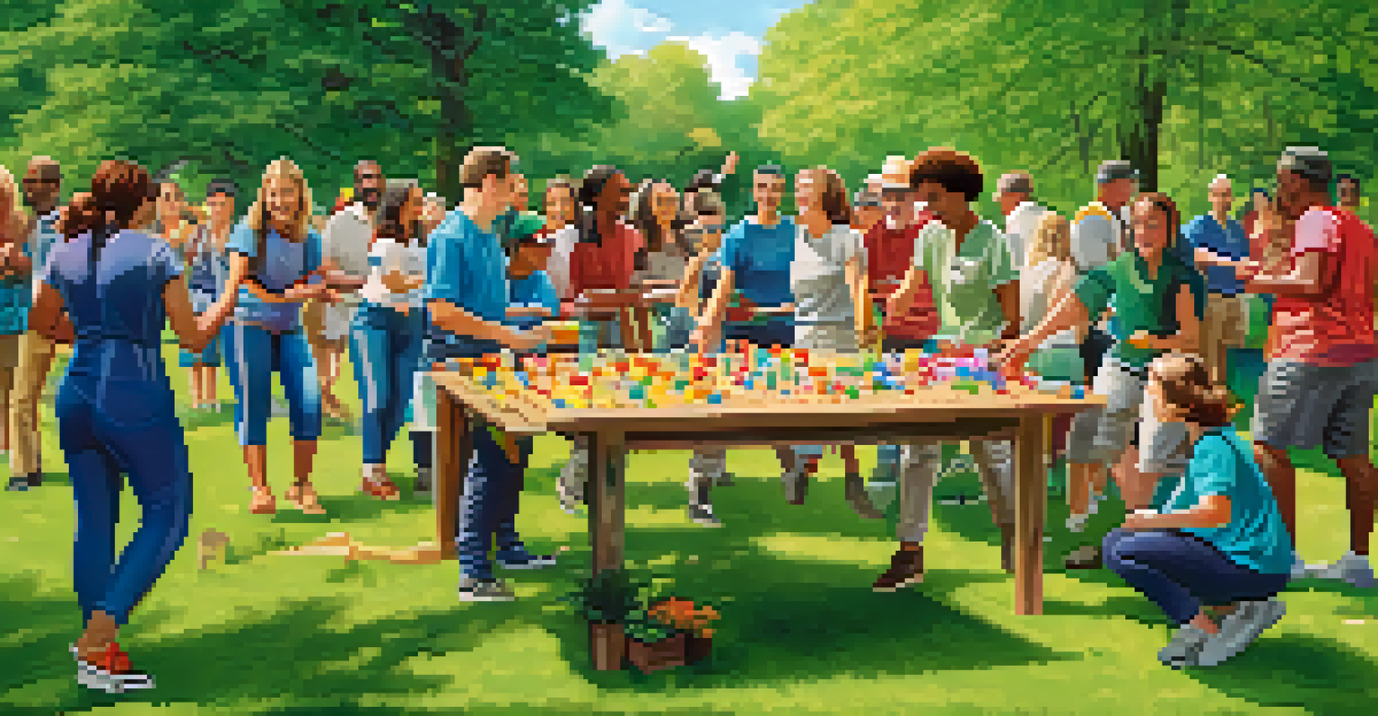 A diverse group of people engaging in team-building activities in a sunny park, smiling and interacting.