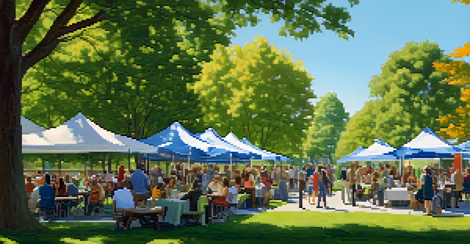 Freelancers networking in a park on a sunny day, engaging in conversations around picnic tables.