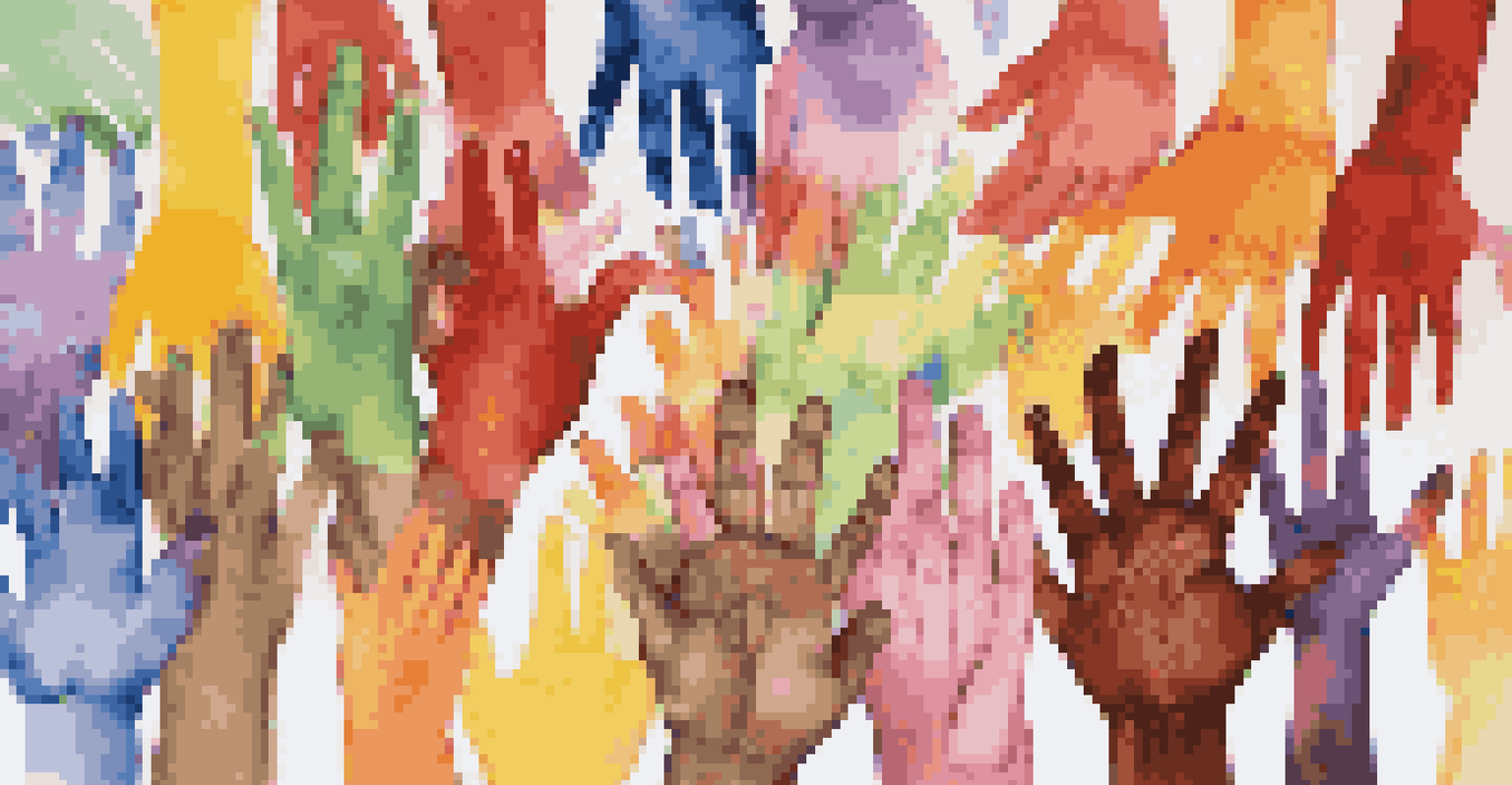 Close-up of diverse hands painting a mural, showcasing collaboration and creativity in a community project.
