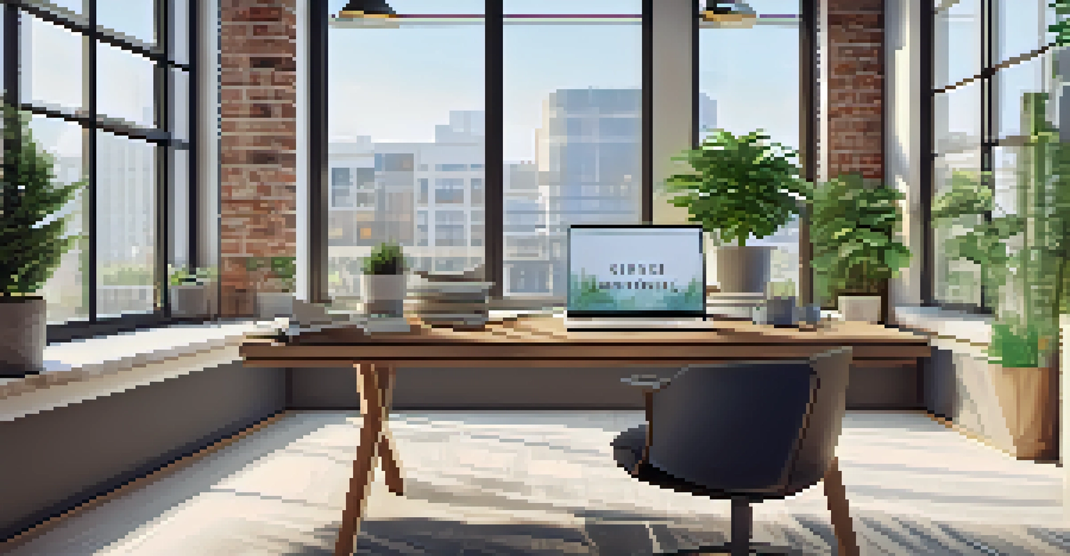 A bright office interior featuring a wooden desk with a laptop, coffee cup, and notepad, surrounded by motivational quotes and a plant.