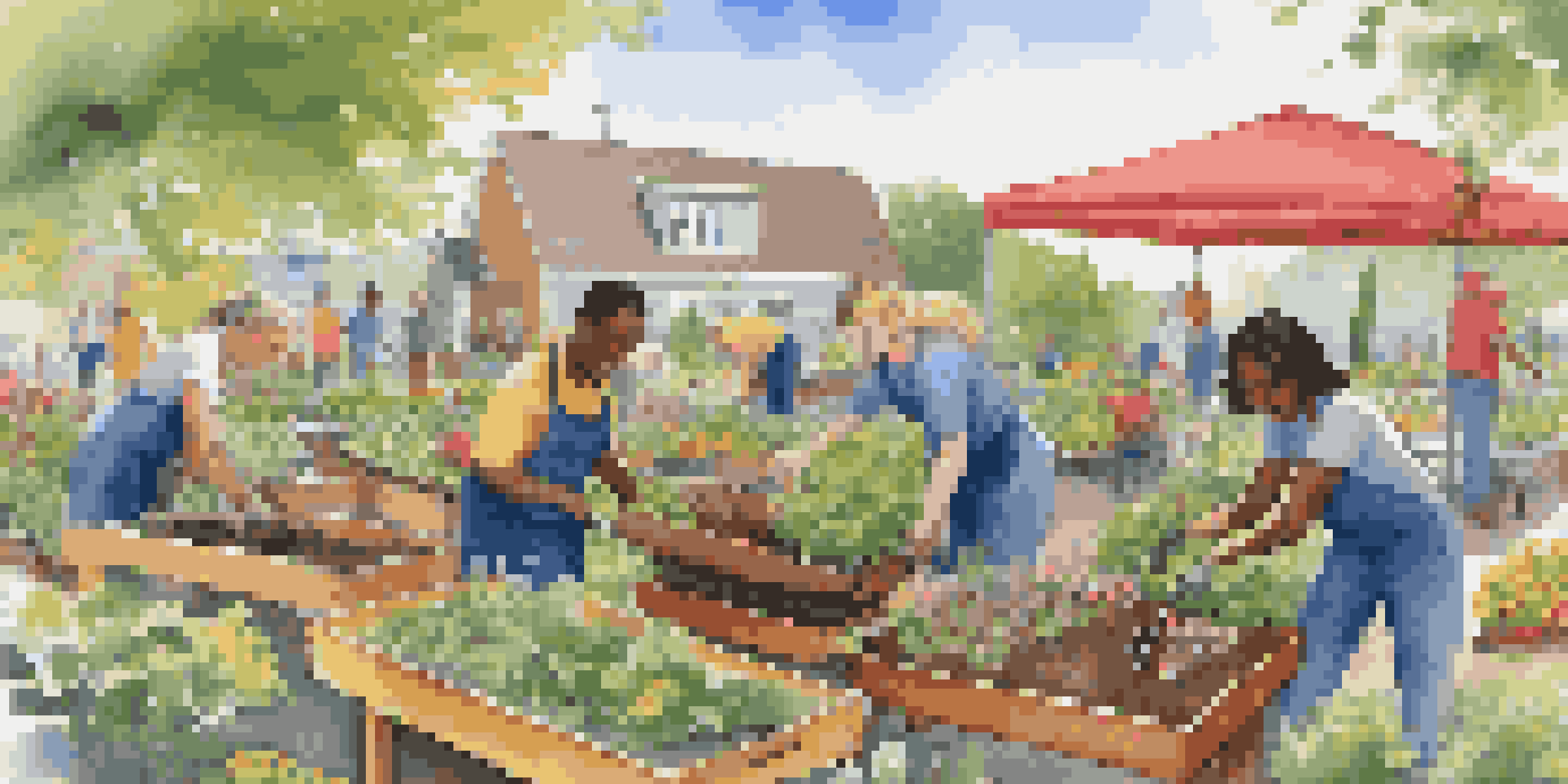 A diverse group of volunteers planting flowers and vegetables in a community garden, smiling and engaged in teamwork.