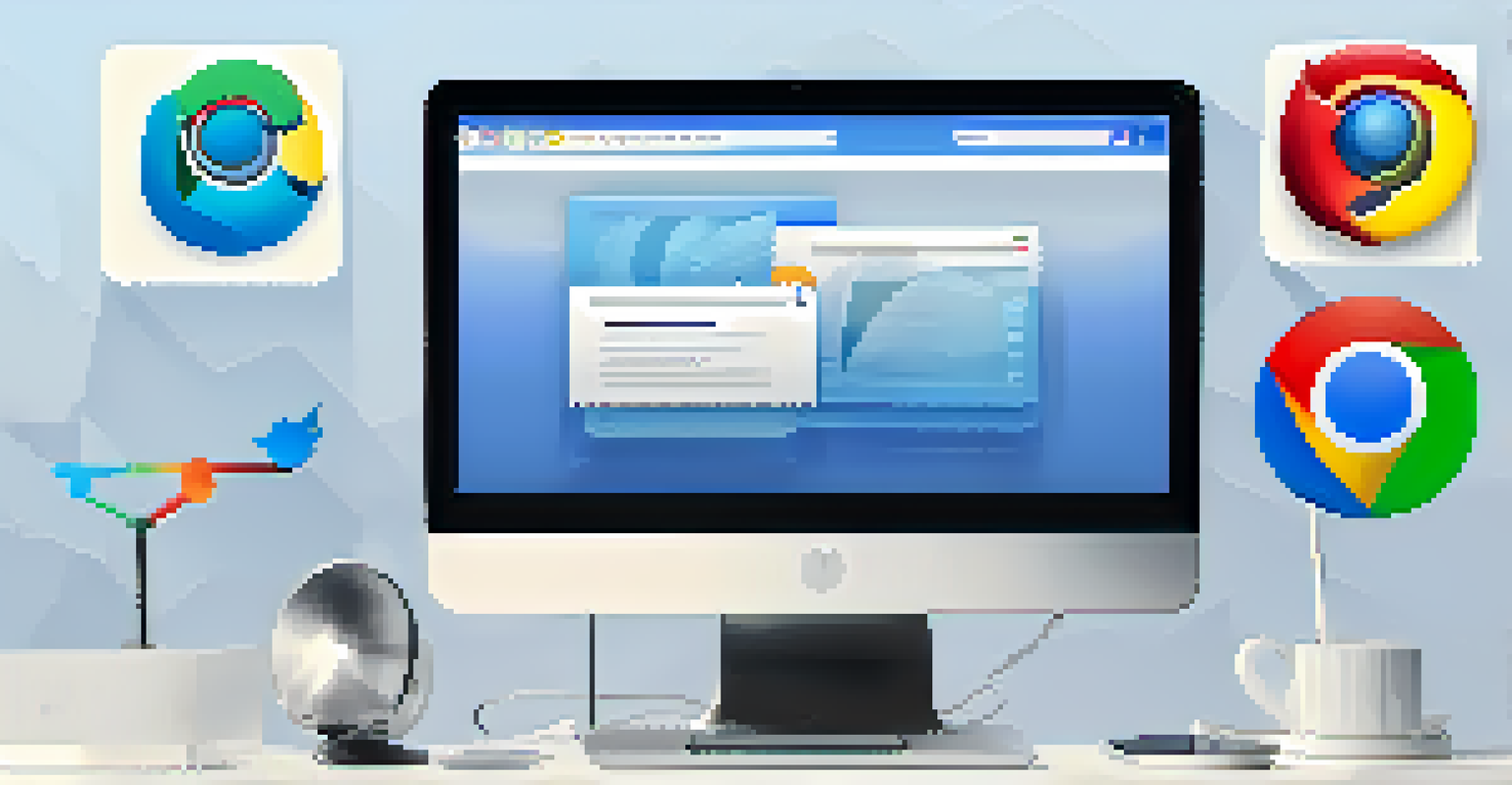 An infographic showing different web browsers and their features like bookmarks and ad-blockers, set against a blue and white gradient background.