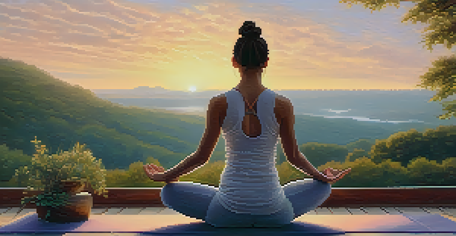 A person doing yoga at sunrise in a peaceful outdoor setting, surrounded by nature, promoting physical and mental wellness.