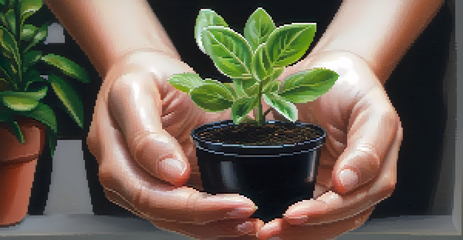 A close-up of hands holding a small potted plant with fresh green leaves against a blurred background.