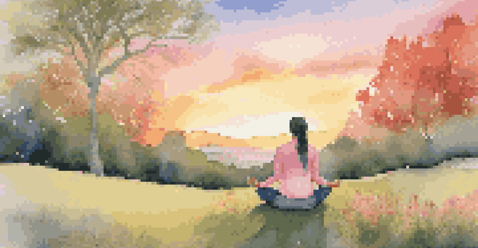 A person meditating on a hilltop during sunset, surrounded by trees and flowers, embodying tranquility and self-care.