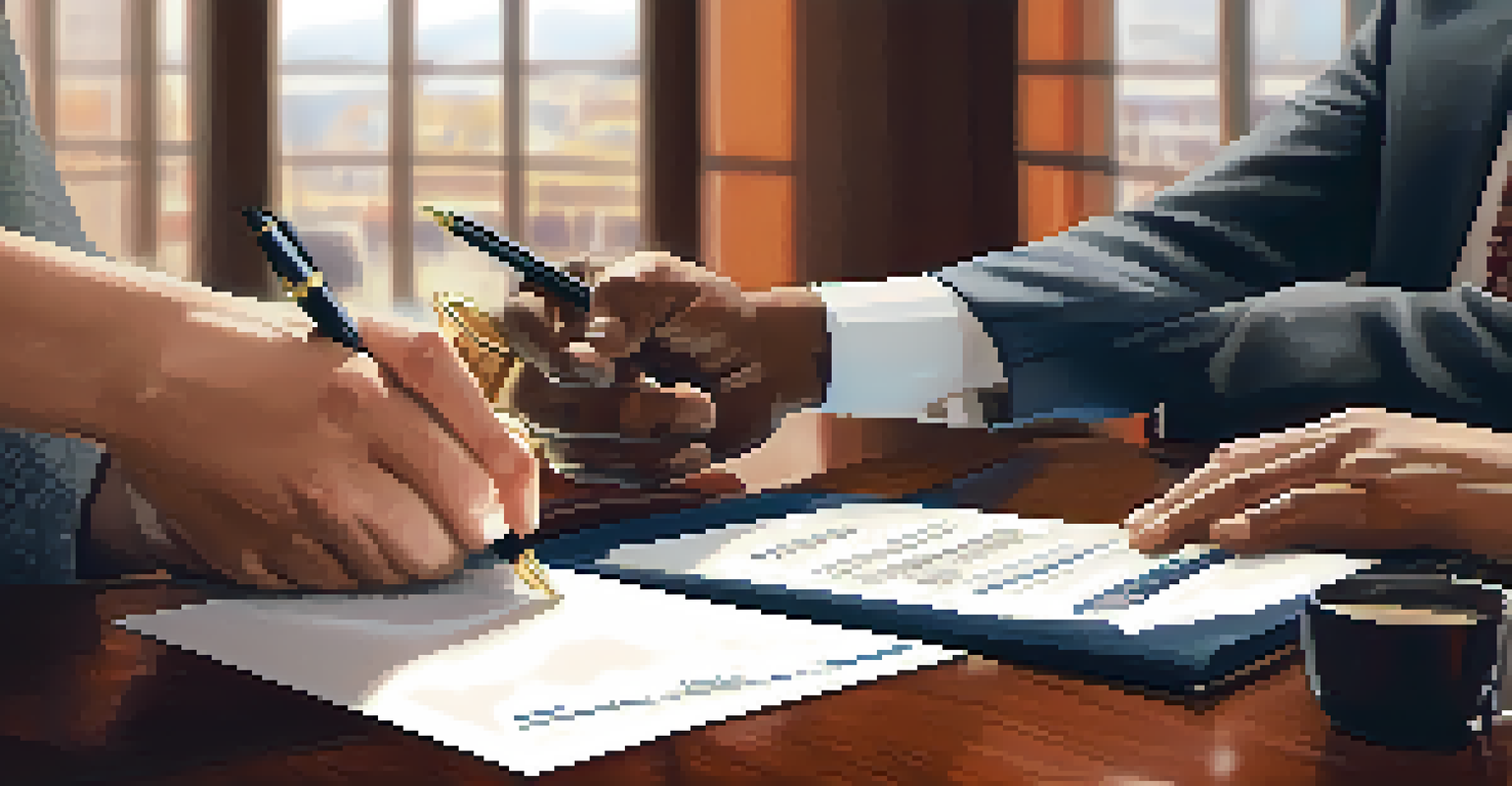 Close-up of hands exchanging a contract with a pen ready to sign in a warm office environment.