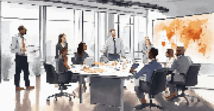 A diverse group of professionals collaborating in a modern office setting, showcasing teamwork and communication.