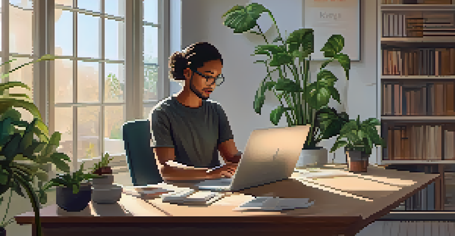 A cozy home office with a gig worker focused on their laptop, surrounded by plants and books in soft morning light.