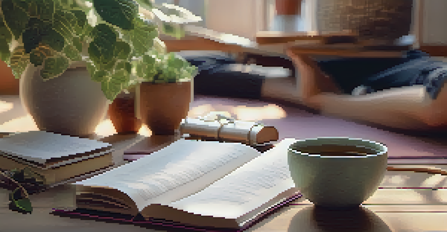 A person on a yoga mat with a journal and tea, surrounded by soft light, highlighting self-care.