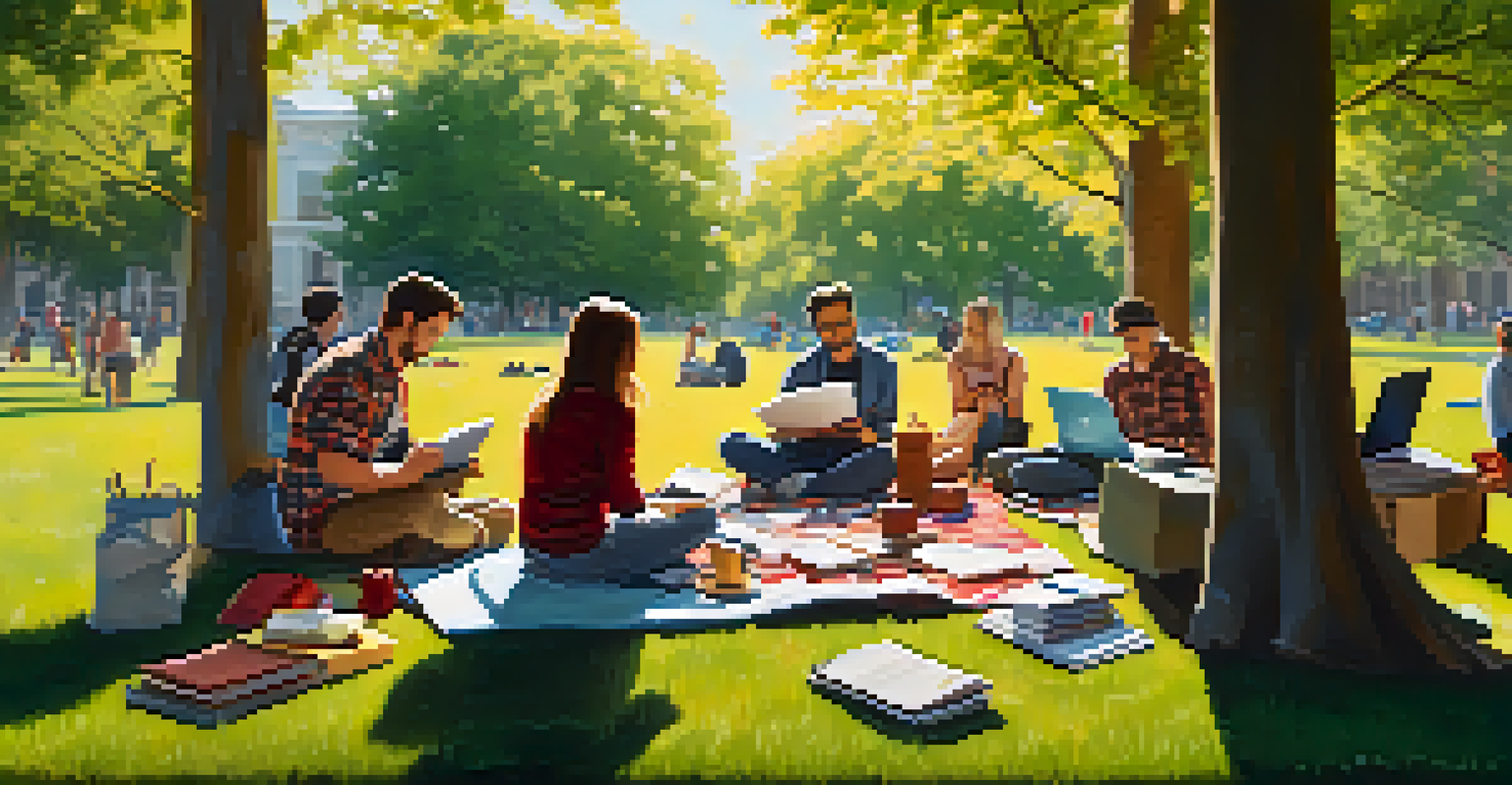 A group of people having a creative meeting in a park, with notebooks and laptops, under the shade of trees.