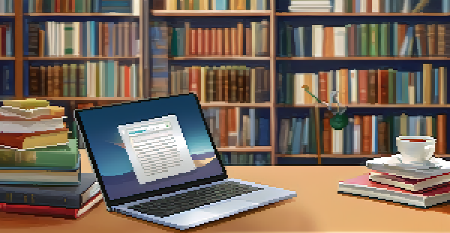 An open laptop with an online learning platform visible, set in a cozy study area with bookshelves, a notepad, and a cup of tea, representing personal growth.