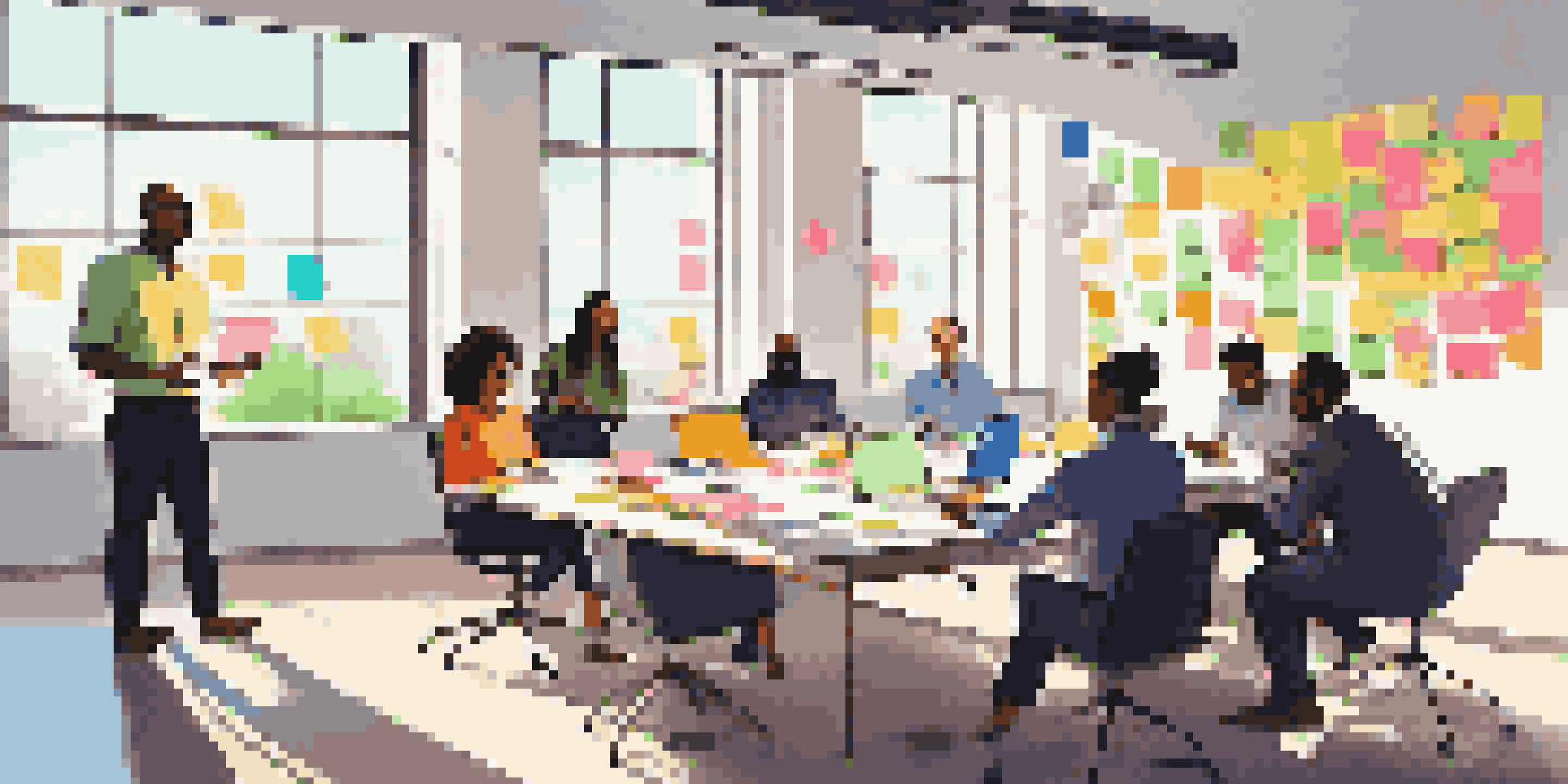A diverse group of professionals brainstorming in a bright conference room with colorful sticky notes on the table.