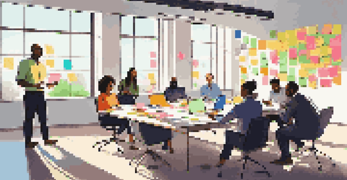 A diverse group of professionals brainstorming in a bright conference room with colorful sticky notes on the table.