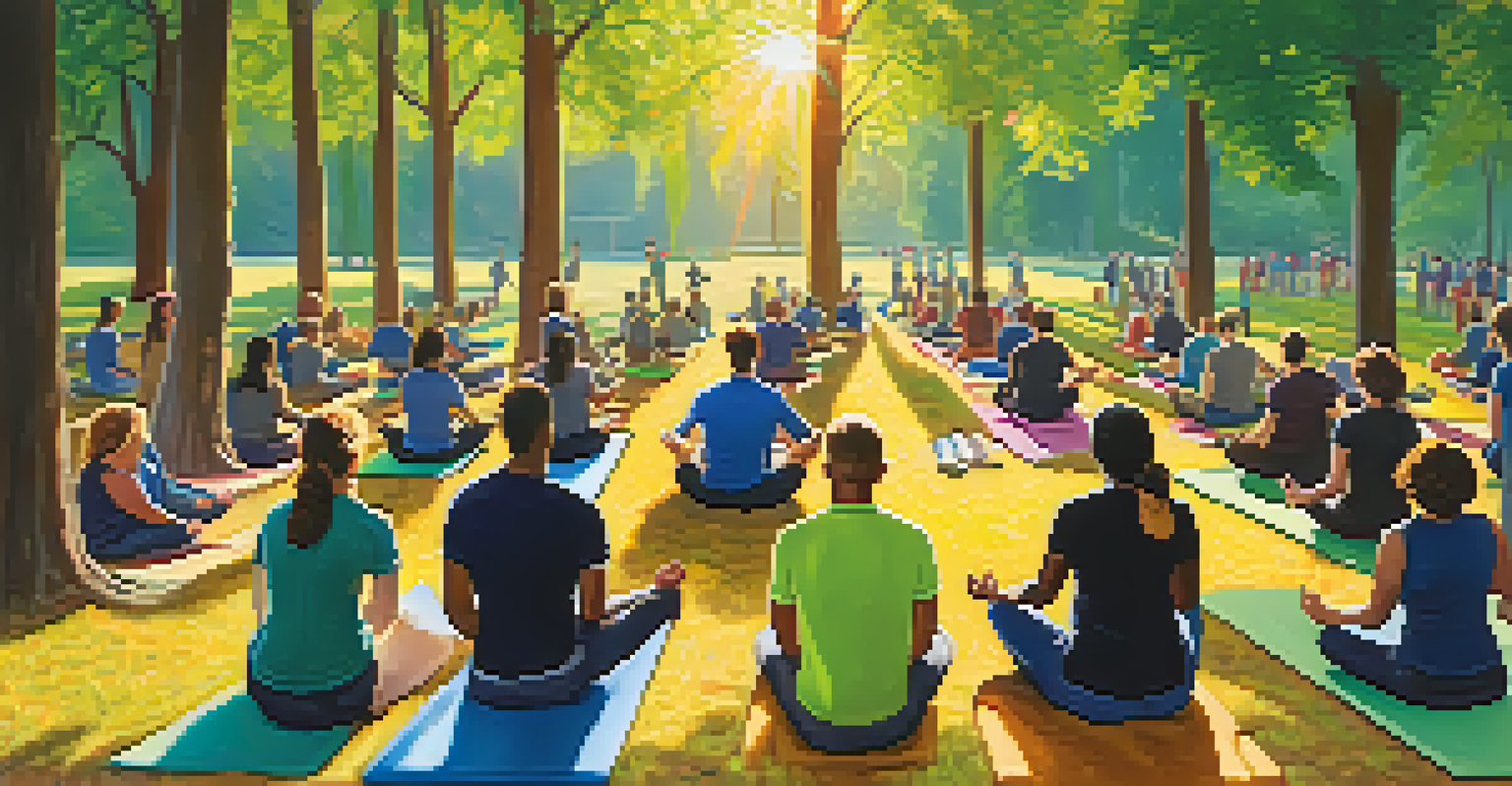 Employees participating in a team-building mindfulness session in a sunny park with yoga mats.