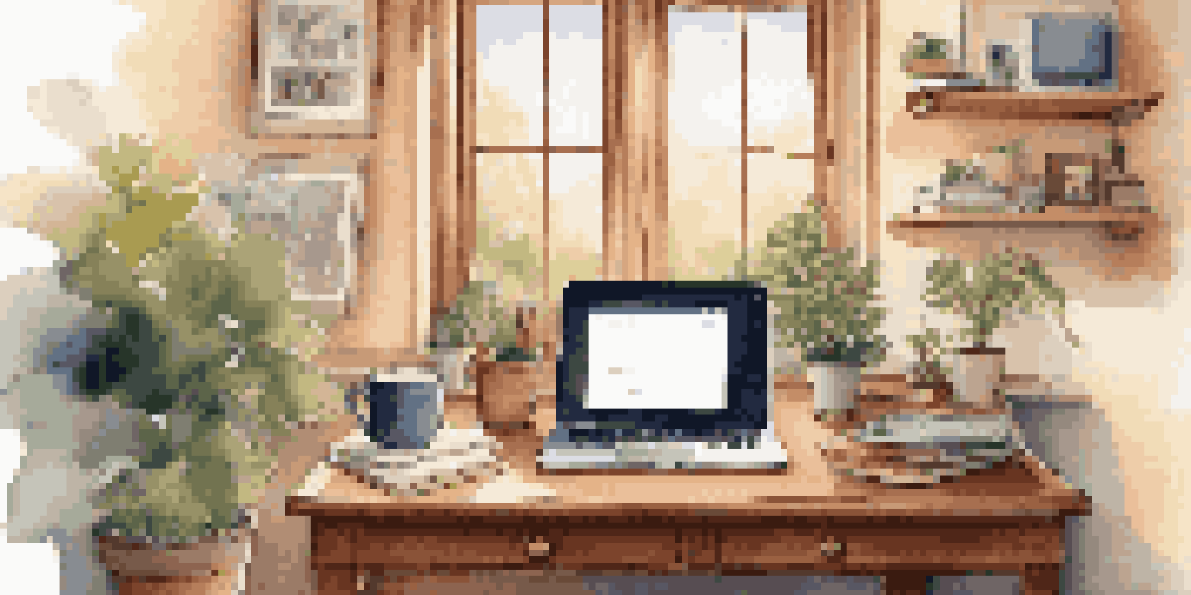 A warm and inviting home office with a wooden desk, open laptop, coffee cup, and personal touches like family photos and plants.