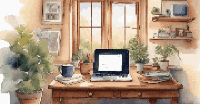 A warm and inviting home office with a wooden desk, open laptop, coffee cup, and personal touches like family photos and plants.